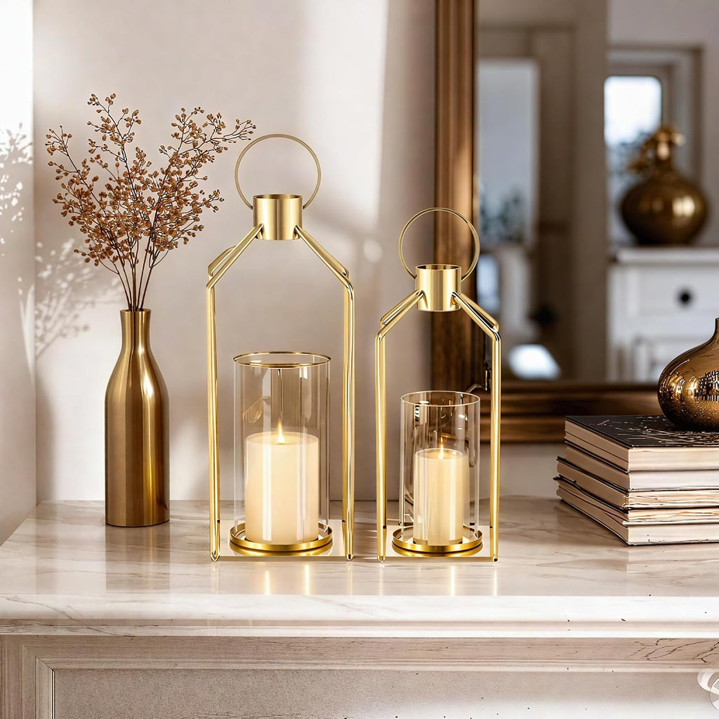Gold Lanterns with Hurricane Glass, Set of 2 for Centerpieces