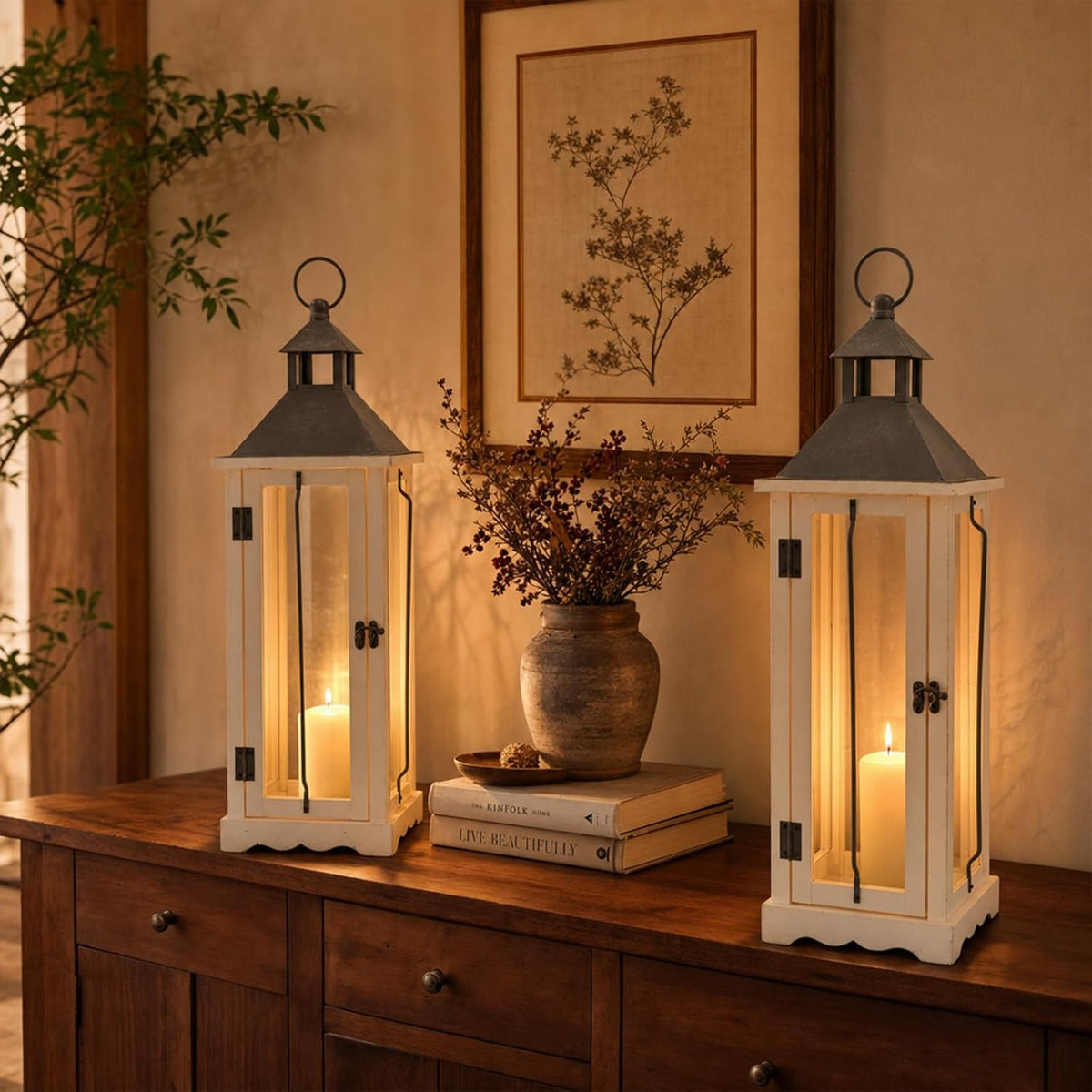 26 Inch White Wooden Decorative Lanterns with LED Candles Set of 2