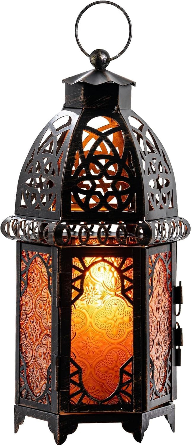 12.8'' Moroccan Lanterns Decorative Indoor & Outdoor, Vintage Christmas Candle Holder, Metal Lanterns Decorative, Table, Patio, Porch, Shelf, Christmas Spring Halloween Home Decor (Amber)