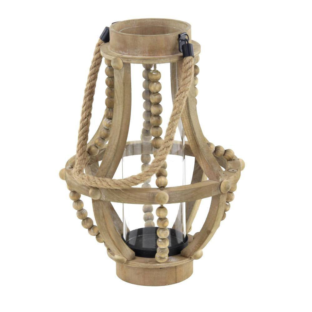 16 In. H Beige Reclaimed Wood Beaded Decorative Candle Lantern