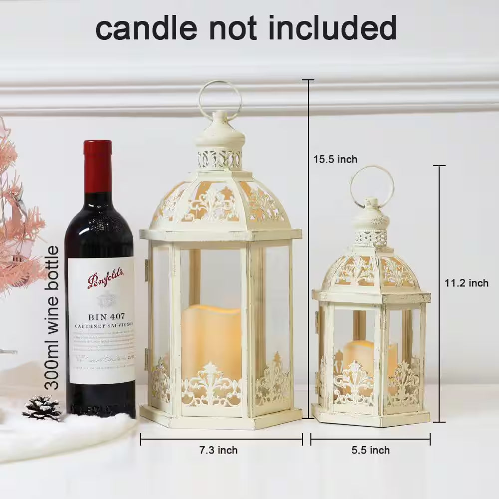 15.5 In. and 11.2 In. H Beige Metal Lanterns Candle Holder Decorative Outdoor and Indoor Lantern Decor with Glass