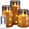 Flickering Flameless Candles: Built-In Star String Lights 3D Wick Acrylic Battery Operated LED Pillar Candles with Remote and Timer for Fall Halloween Christmas Home Decoration - 3 Pack Gray