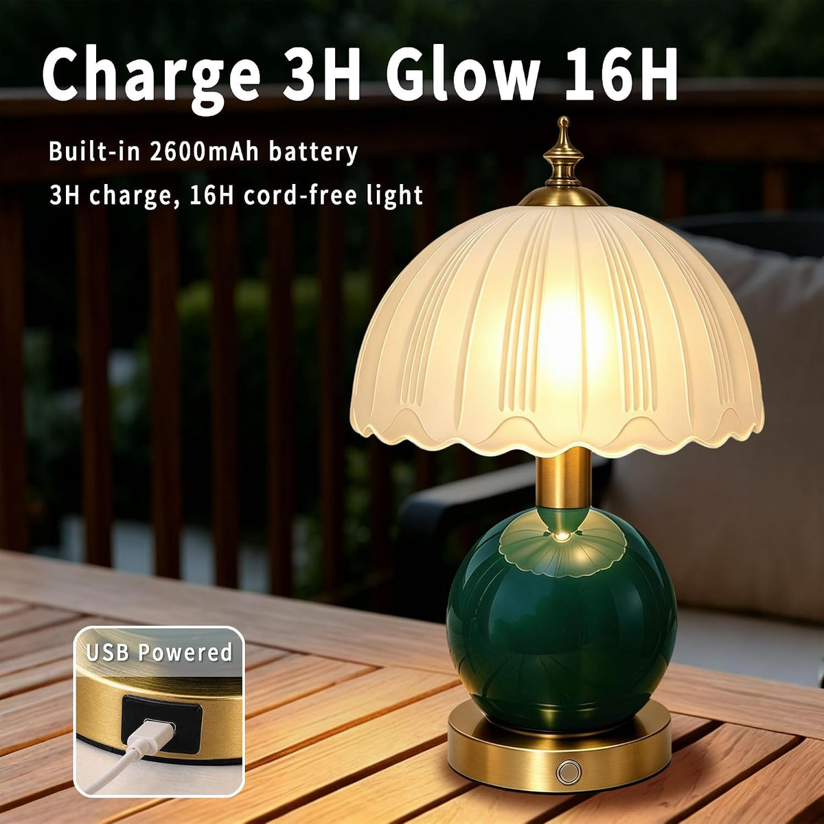 Vintage Green Ceramic Table Lamp Cordless Rechargeable Touch Dimmable