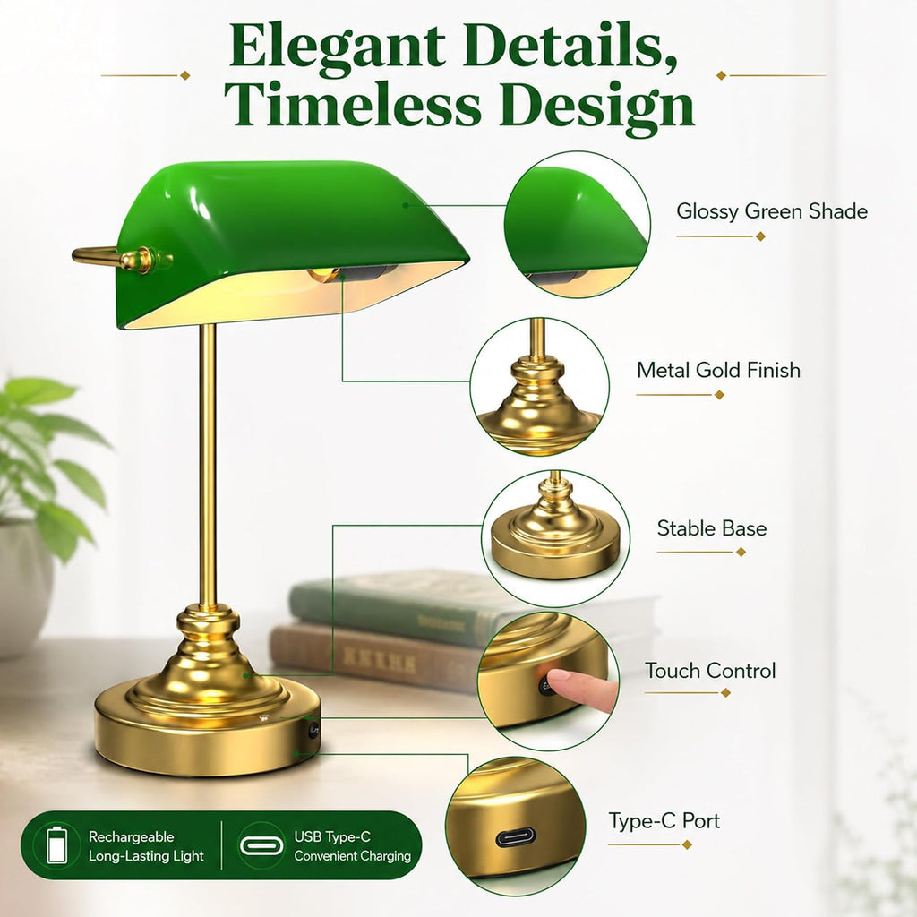 Cordless Bankers Lamp | Green Bankers Desk Lamp Rechargeable