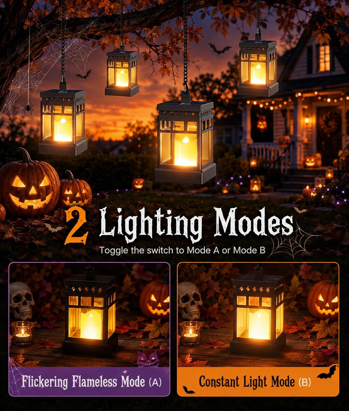 Halloween Decorations Solar Lanterns, 2 Modes with Flickering Candle