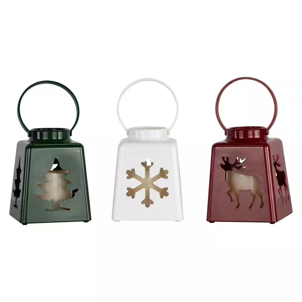 LED Lighted Tree Snowflake and Reindeer Christmas Candle Lanterns-8"-Set of 3
