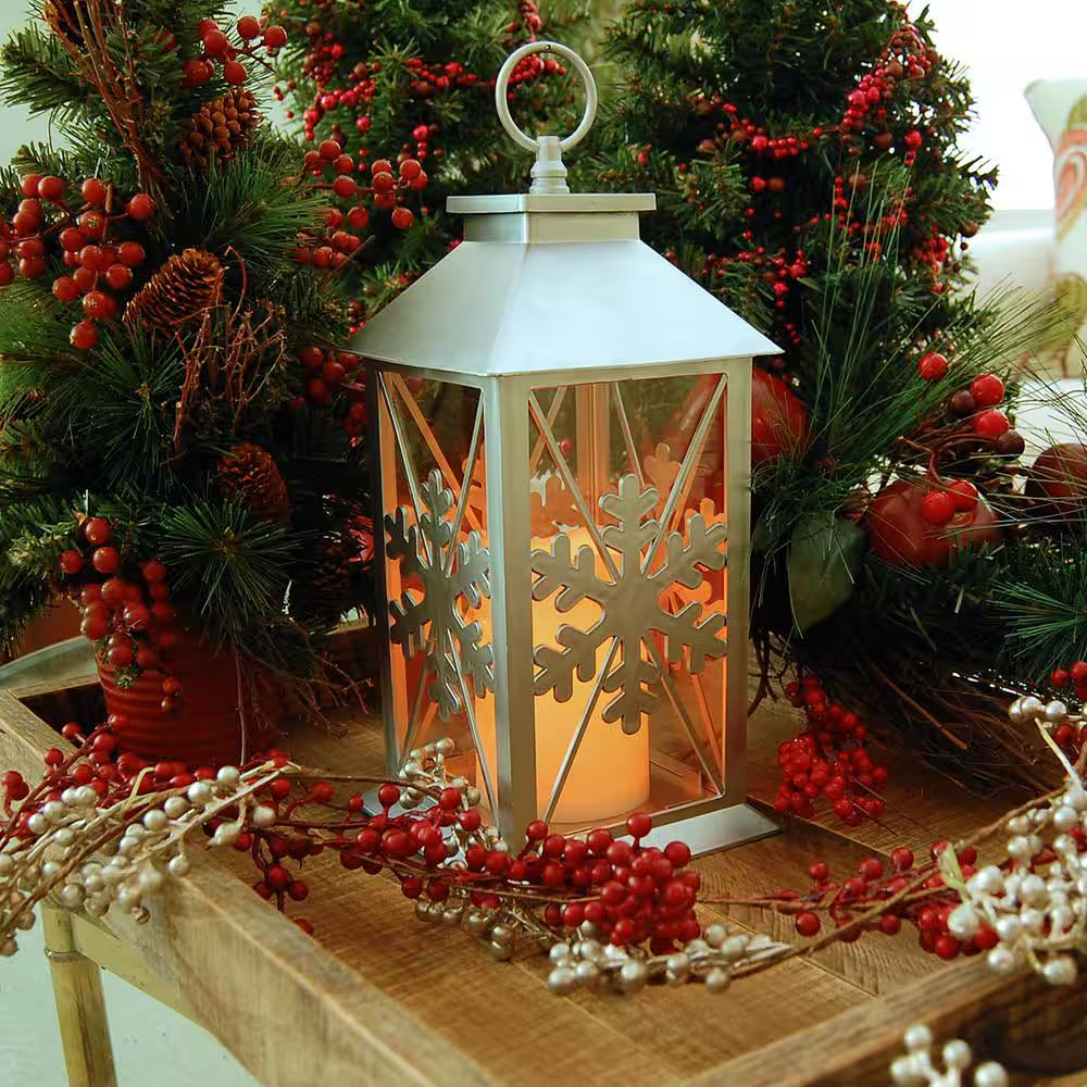 5.5 In. X 13 In. Silver Plastic Snowflake Lantern with LED Candle