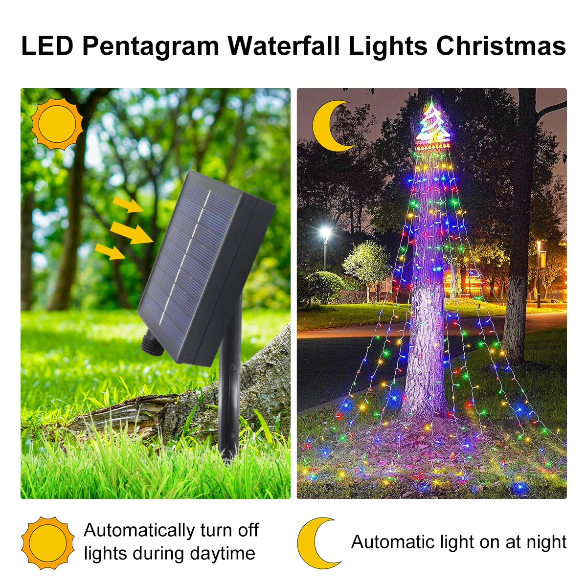 12Ft 350 LED Waterfall Christmas Lights Outdoor Decoration Twinkle Solar Christmas Tree String Lights with Top Star Xmas Holiday Garden Yard Decoration, Multicolor
