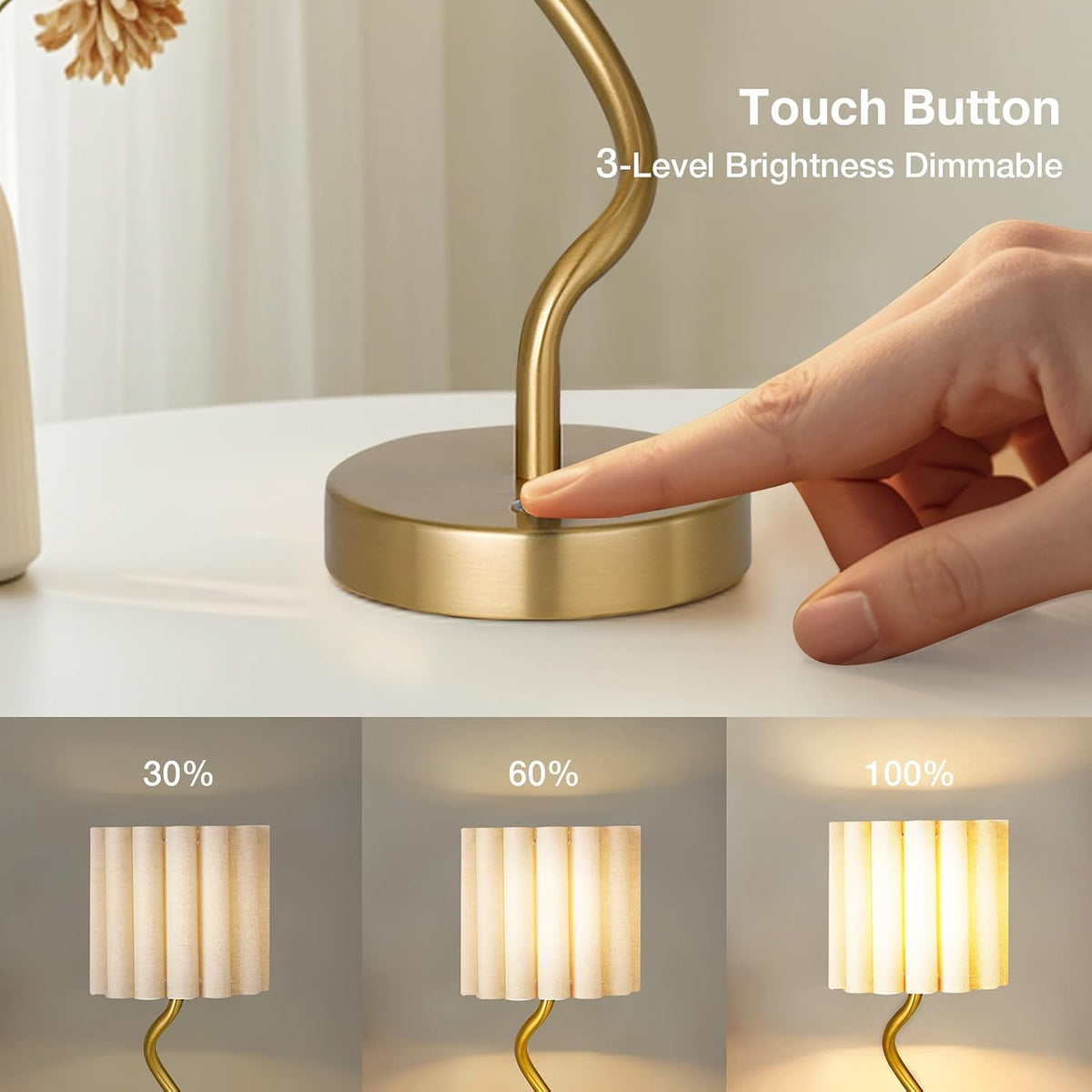 Cordless Scalloped Table Lamp, Modern Brass Lamp for Bedside Restaurant Dining Table, 5200-Mah Rechargeable Battery, 3-Level Brightness Dimmable, Build-In Integrated LED 320 Lumen Max