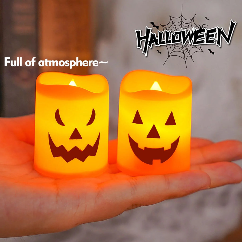 6 Pcs Halloween Pumpkin Candles, Halloween Tea Lights Candles, Battery Powered LED Lights with Warm, Flameless Candle for Home outside Yard Lawn Garden