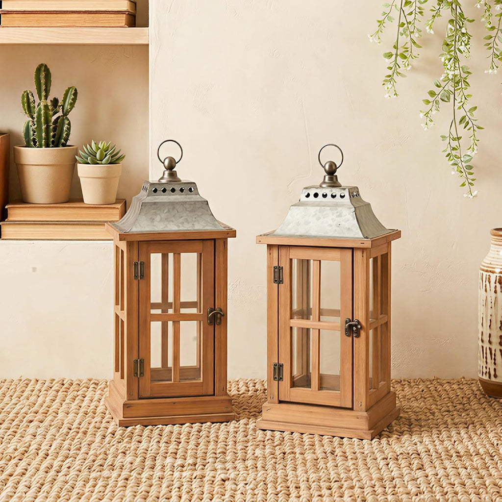 15 Inch Outdoor Decorative Lanterns, Set of 2 Wooden Candle Lanterns