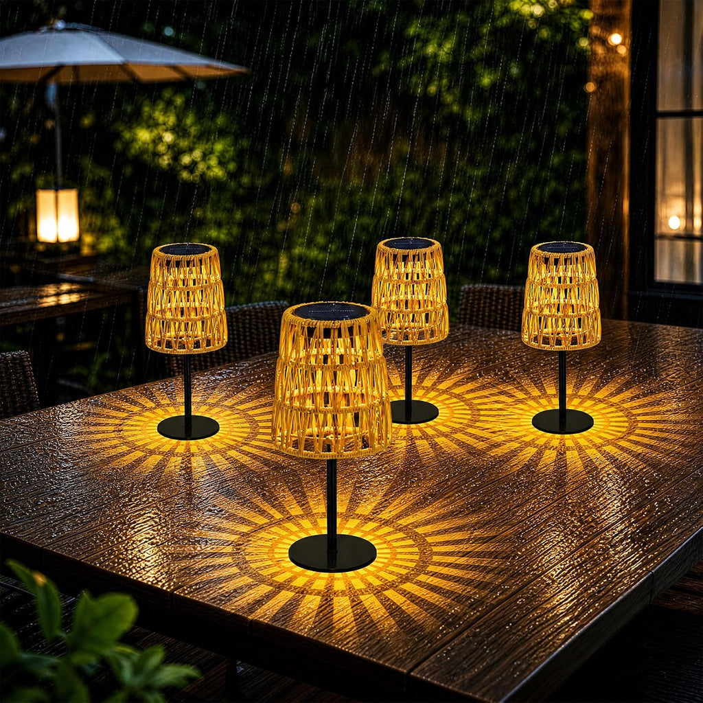 4Pcs Solar Table Lamp Outdoor Waterproof: Rechargeable LED Solar Lantern for Garden Yard, Solar Lights outside Cordless Table Rattan Lamp, Small Deck Lamp for Balcony Patio, Garden Gifts for Women