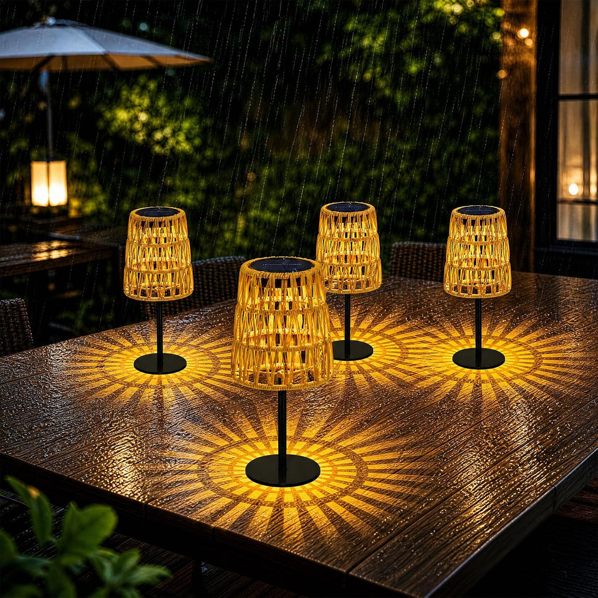 4Pcs Solar Table Lamp Outdoor Waterproof: Rechargeable LED Solar Lantern for Garden Yard, Solar Lights outside Cordless Table Rattan Lamp, Small Deck Lamp for Balcony Patio, Garden Gifts for Women
