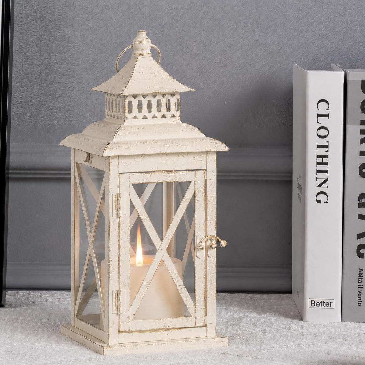 Lantern Decorative Indoor & Outdoor,Large Square Hanging Spring Home Decor, Vintage Metal Decorative Candle Lanterns for Outdoor Patio Wedding Party Beige with Copper Brush