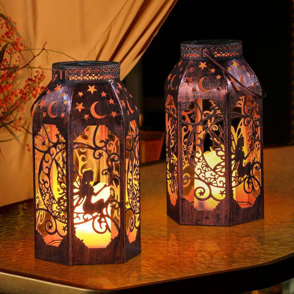 LED Metal Bronze Moon Fairy Lantern Garden Stake, Waterproof Flickering Flameless Candle Mission Lights (2-Pack)
