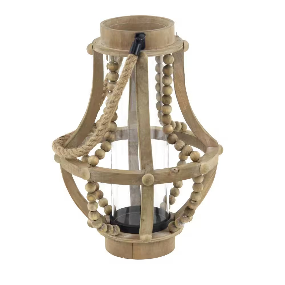 16 In. H Beige Reclaimed Wood Beaded Decorative Candle Lantern