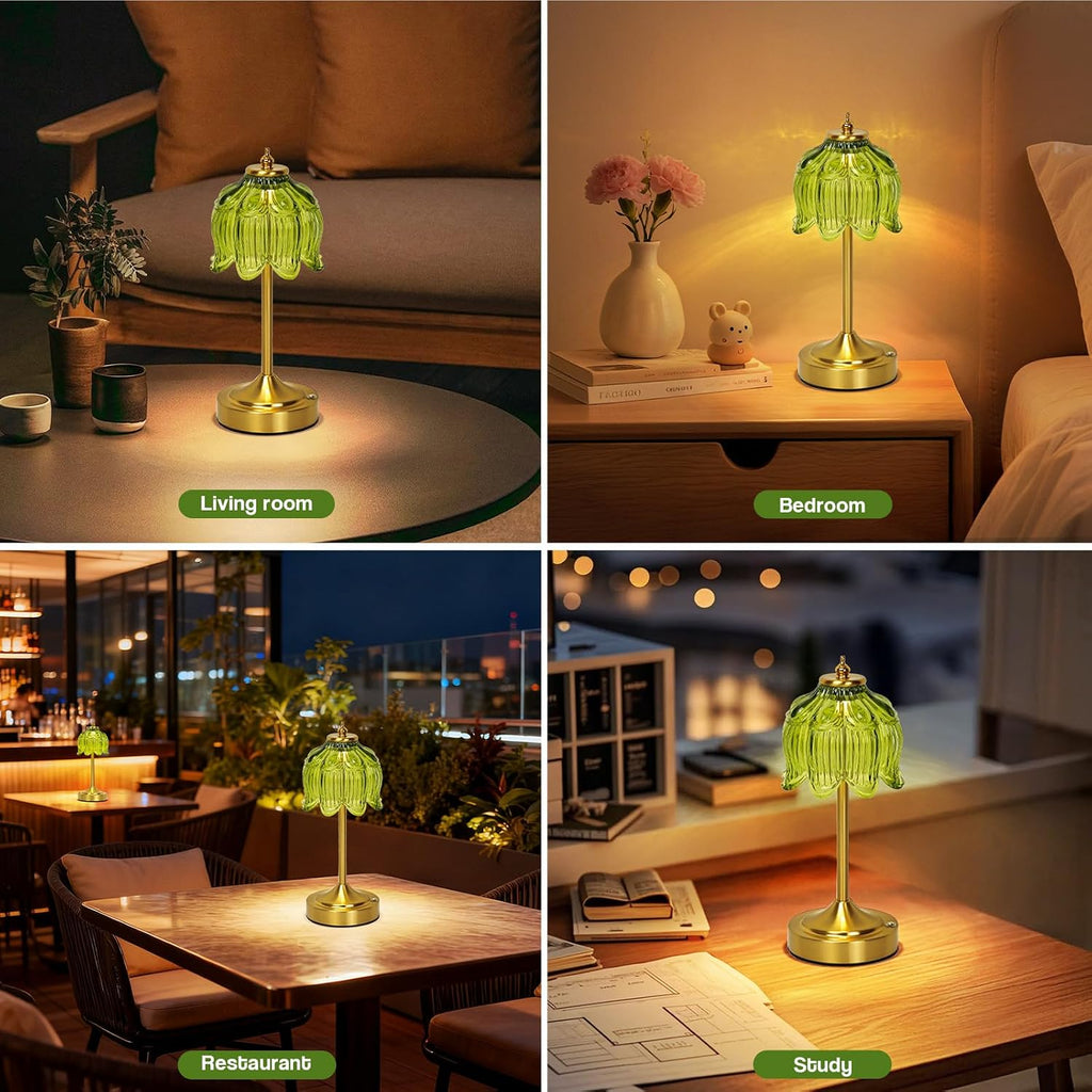 Cordless Table Lamp, Rechargeable Green Glass Lotus Flower Lamp