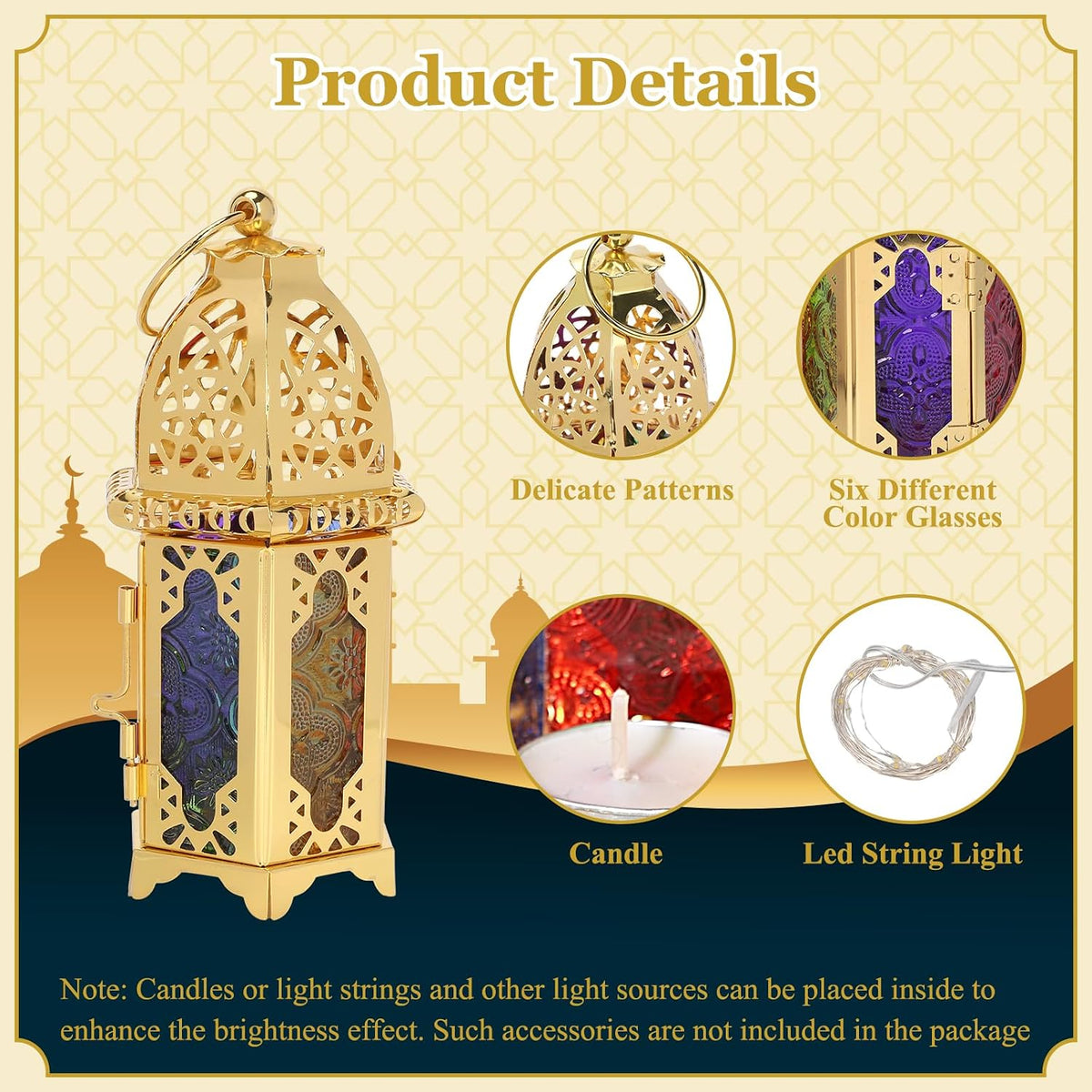 6.7'' Moroccan Lanterns Decorative Indoor & Outdoor Vintage Candle Holder Hanging Tabletop Metal Ramadan Lanterns with Six Color Glasses for Home Patio Porch Decor (Gold)