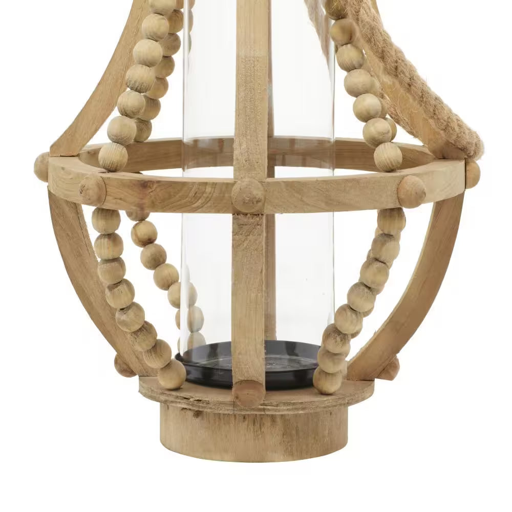 16 In. H Beige Reclaimed Wood Beaded Decorative Candle Lantern