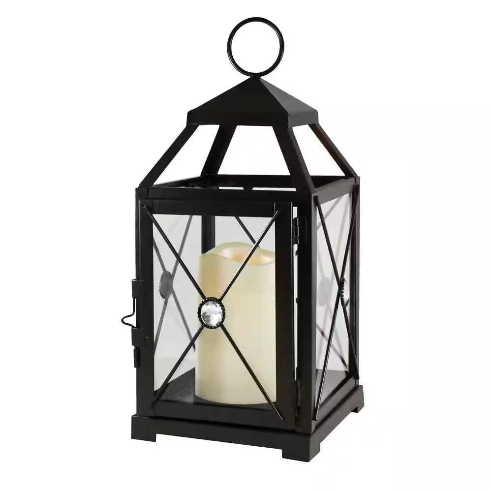 5.25 in X 12 In. Black Gem Metal Lantern with LED Candle
