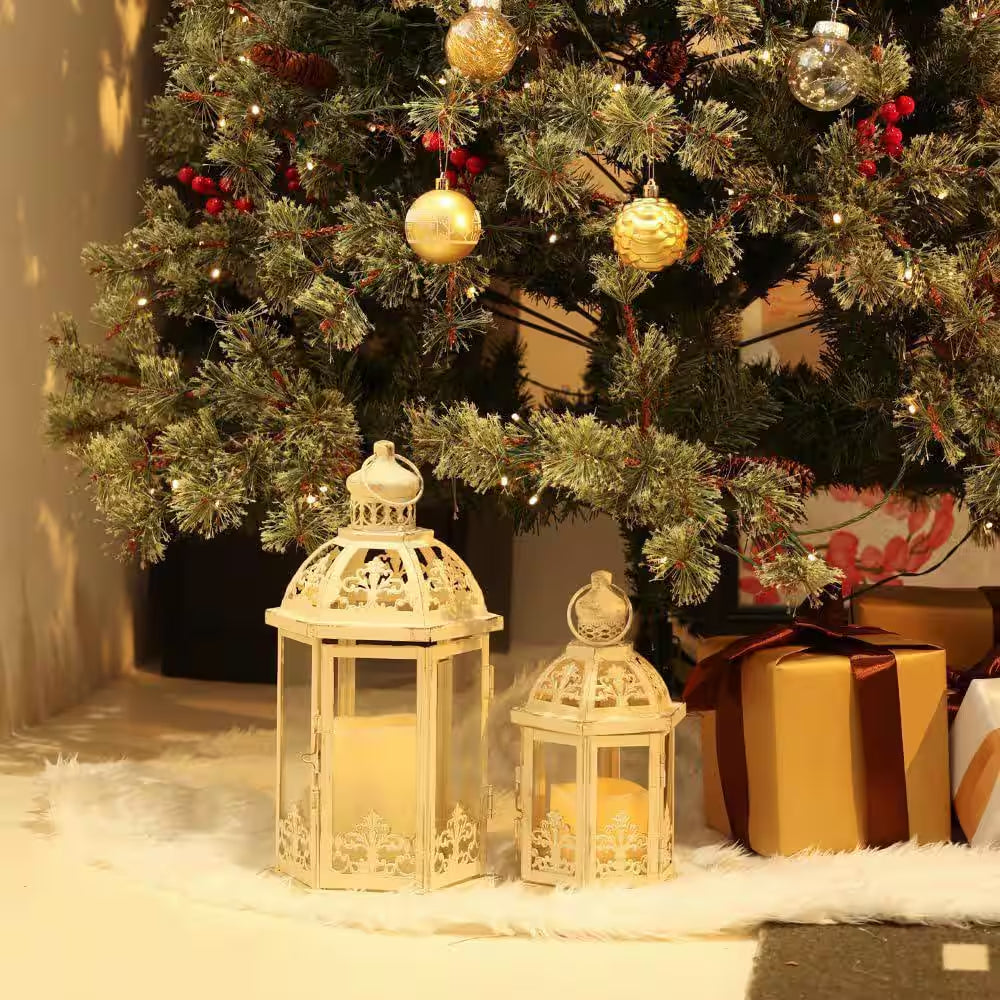 15.5 In. and 11.2 In. H Beige Metal Lanterns Candle Holder Decorative Outdoor and Indoor Lantern Decor with Glass