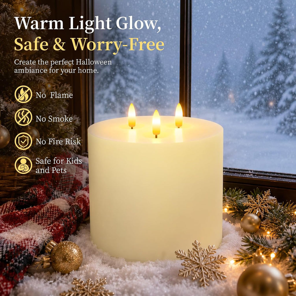 3 Wick Extra Large Flameless Pillar Candles with Timer Remote, Ivory
