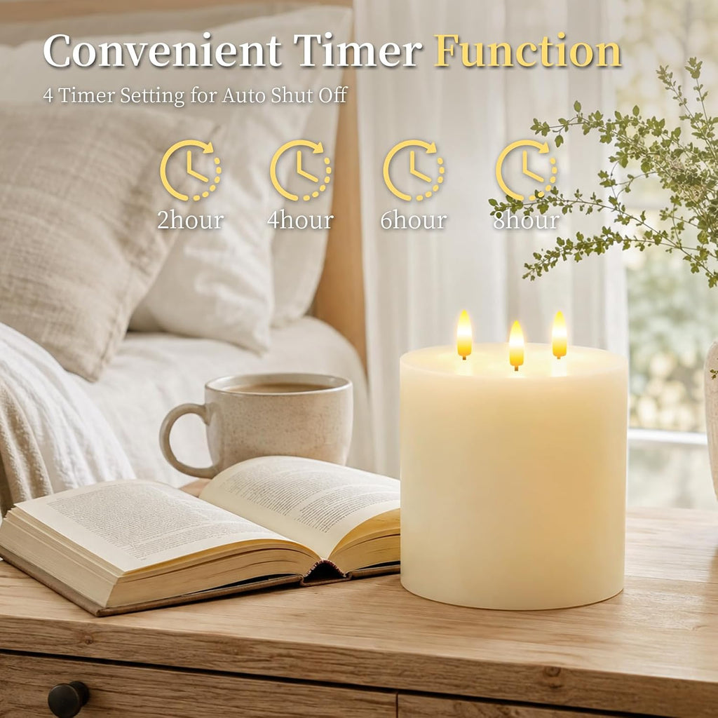 3 Wick Extra Large Flameless Pillar Candles with Timer Remote, Ivory