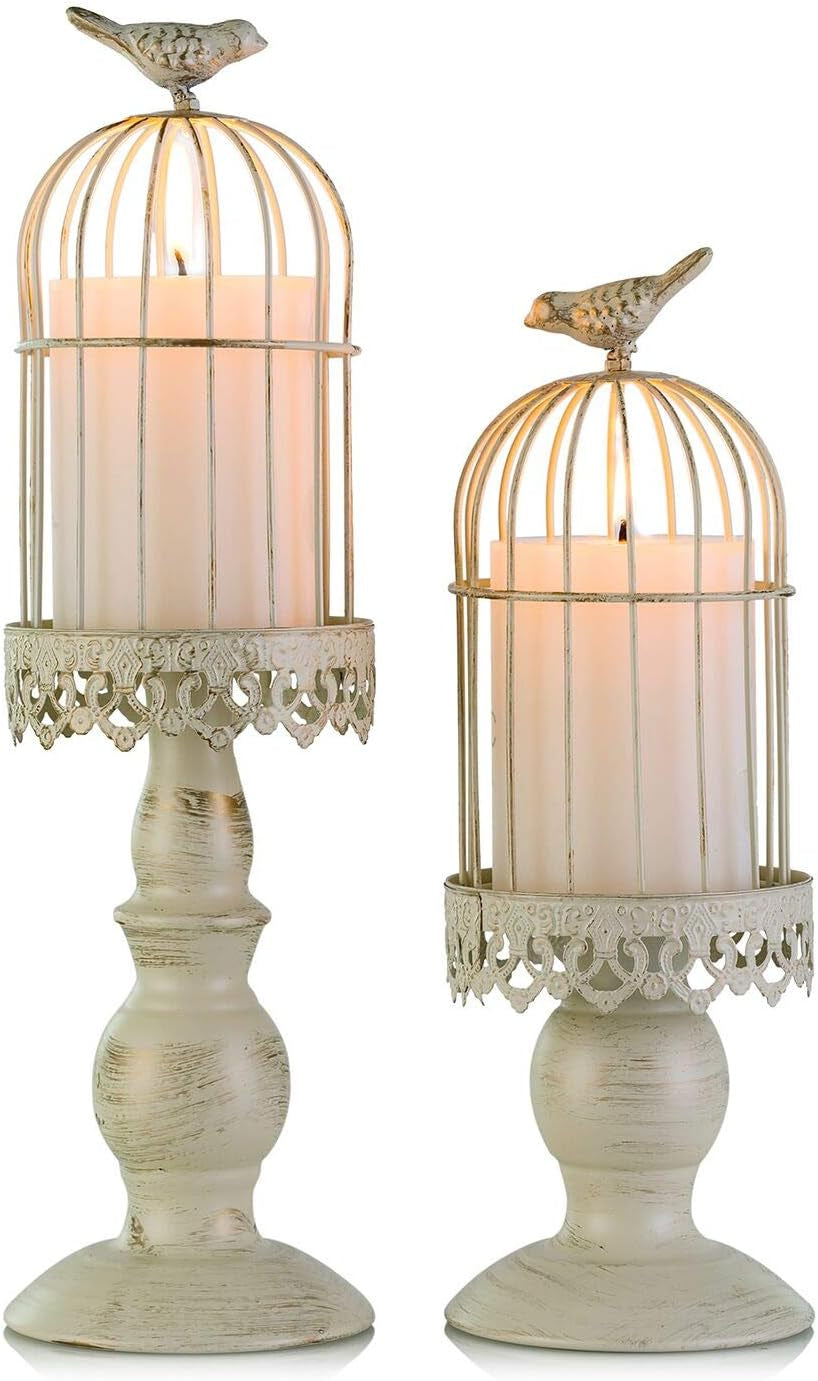 Birdcage Candle Holders Decorative Set of 2，Distressed Ivory