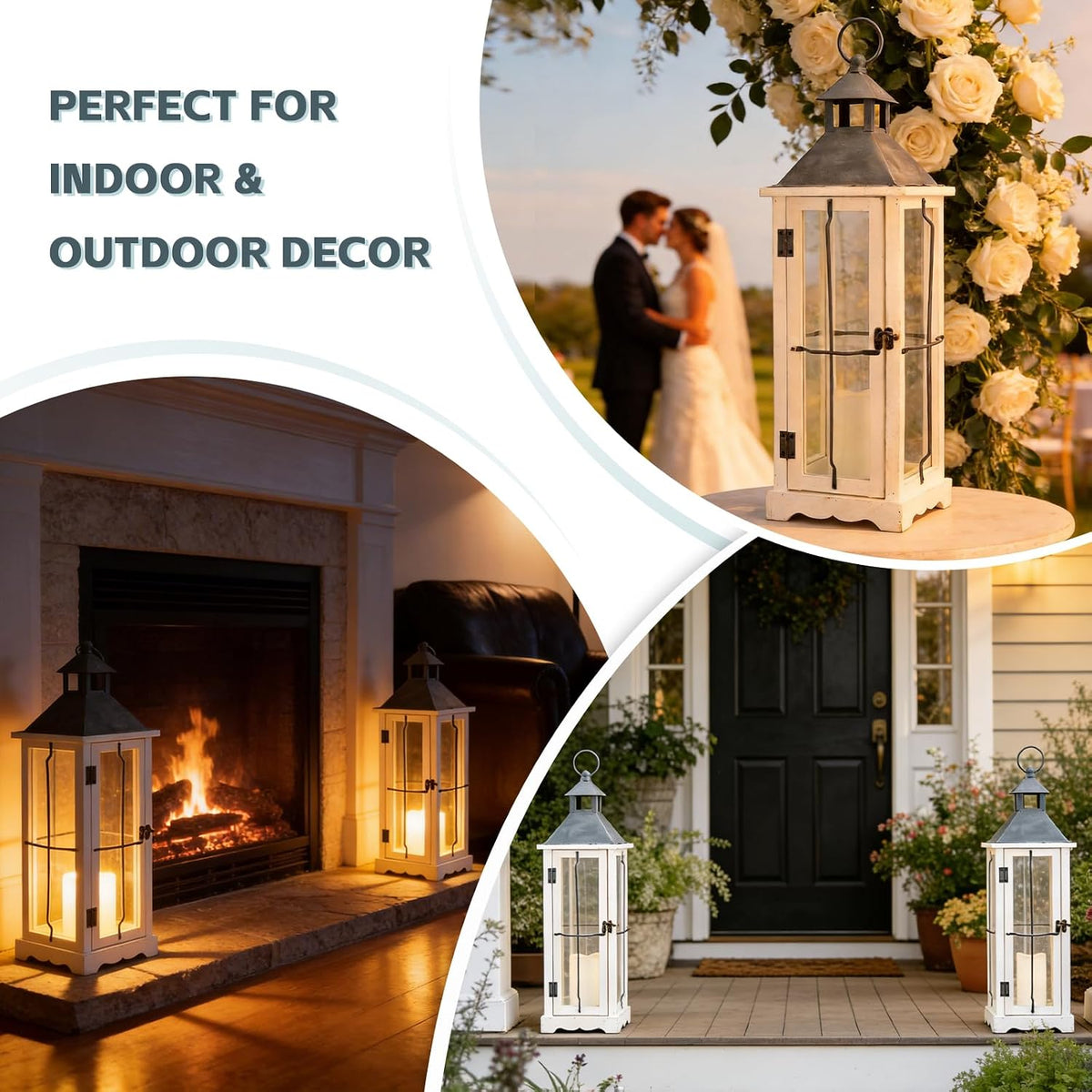 26 Inch White Wooden Decorative Lanterns with LED Candles Set of 2