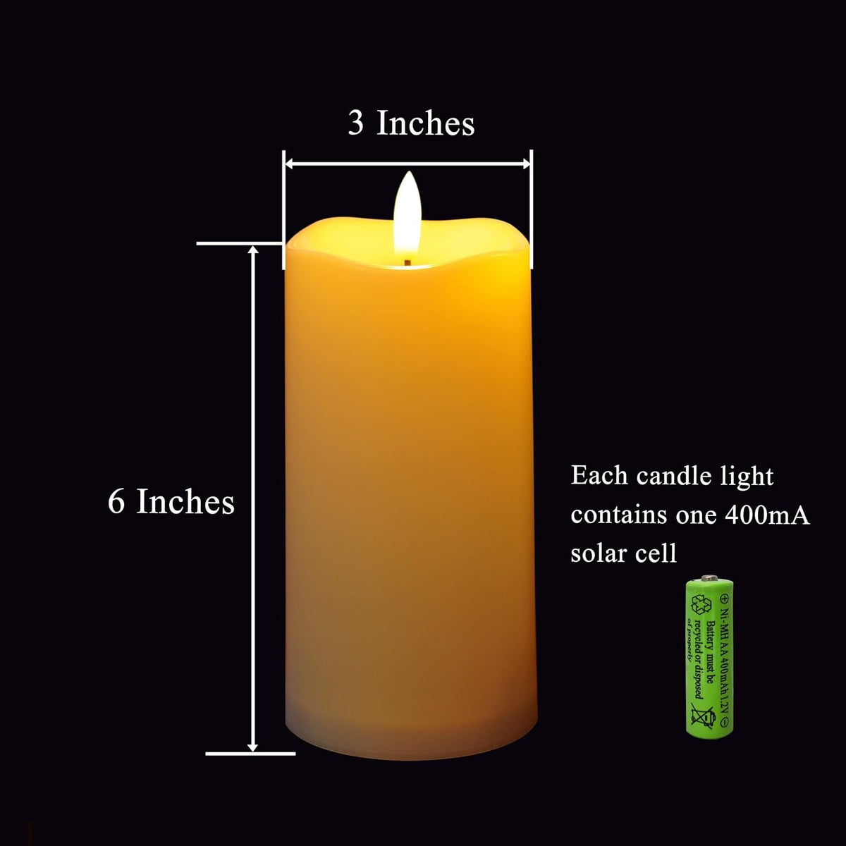 Outdoor Solar Powered Candles, 3" X 6" Ivory White Flickering Flameless Candle Set, LED Rechargeable Pillar Waterproof Candles for Outdoor Lanterns,Patio Decor, Set of 2