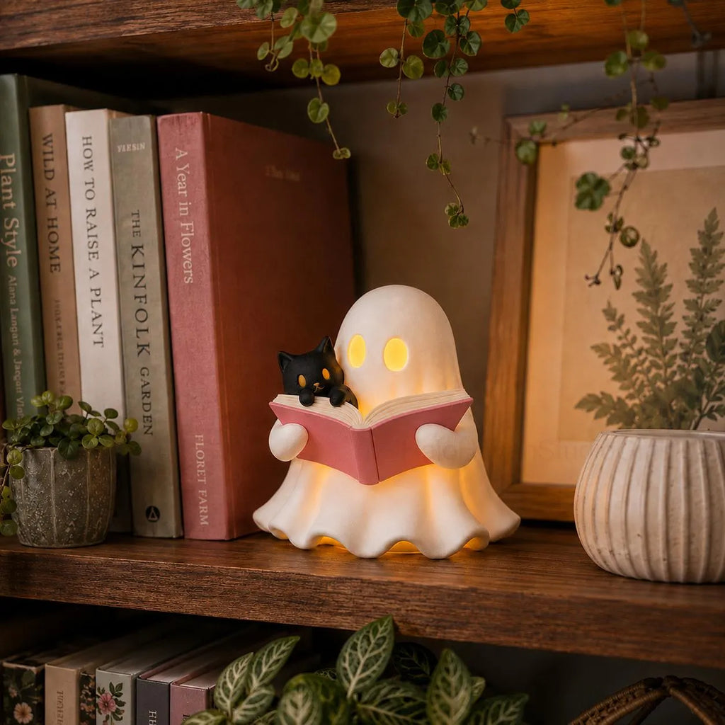 3D Printed Ghost Reading Book Figurine – Cozy Cat, LED Tealight Decor