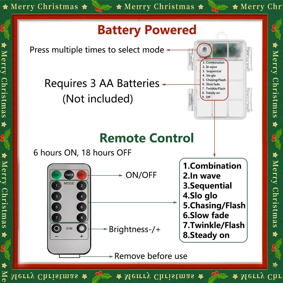 Christmas Lights Red White Green, 2 Pack Total 200LED Copper String Lights Battery Operated Remote Control Fairy Lights for Xmas Tree, Party, Home, Indoor Outdoor Decor