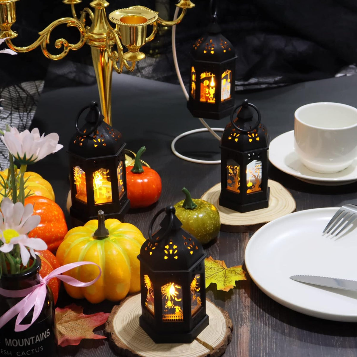 Halloween Mini Lantern for Centerpiece, 5"Small Jack O Lantern Lights with Mirror Glass for Halloween Decorations Indoor, Centerpiece Table Decoration, 8Pcs Hanging Candle Holder, Battery Included