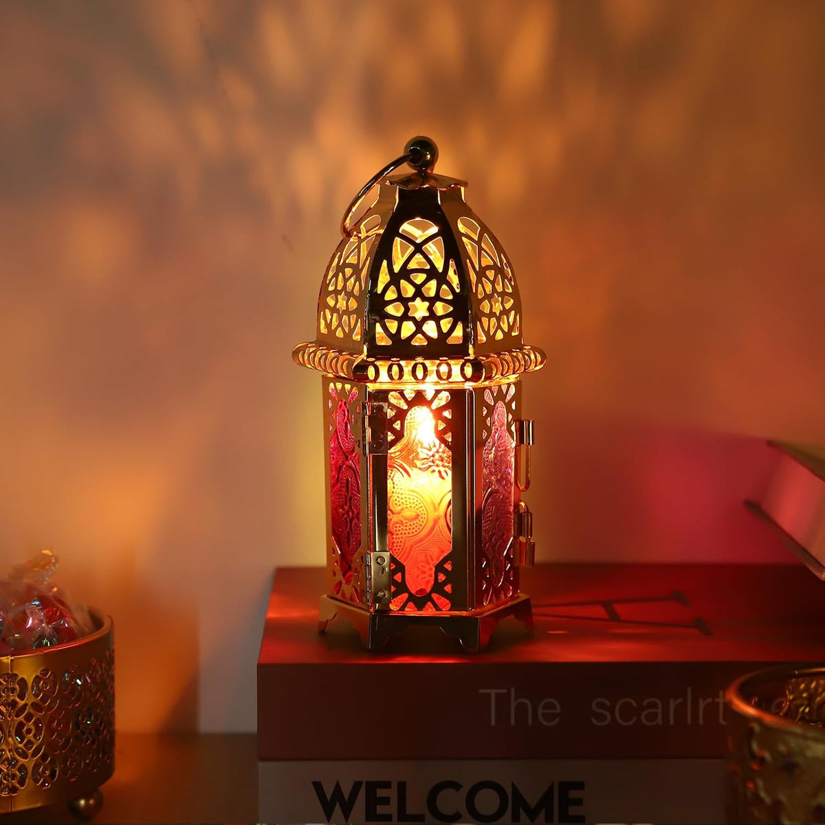 6.7'' Moroccan Lanterns Decorative Indoor & Outdoor Vintage Candle Holder Hanging Tabletop Metal Ramadan Lanterns with Six Color Glasses for Home Patio Porch Decor (Gold)
