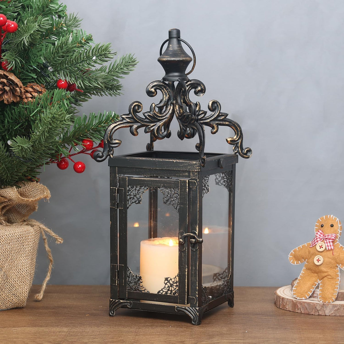 Candle Lantern Decorative Indoor & Outdoor, Large Vintage Metal Hanging/Tablet