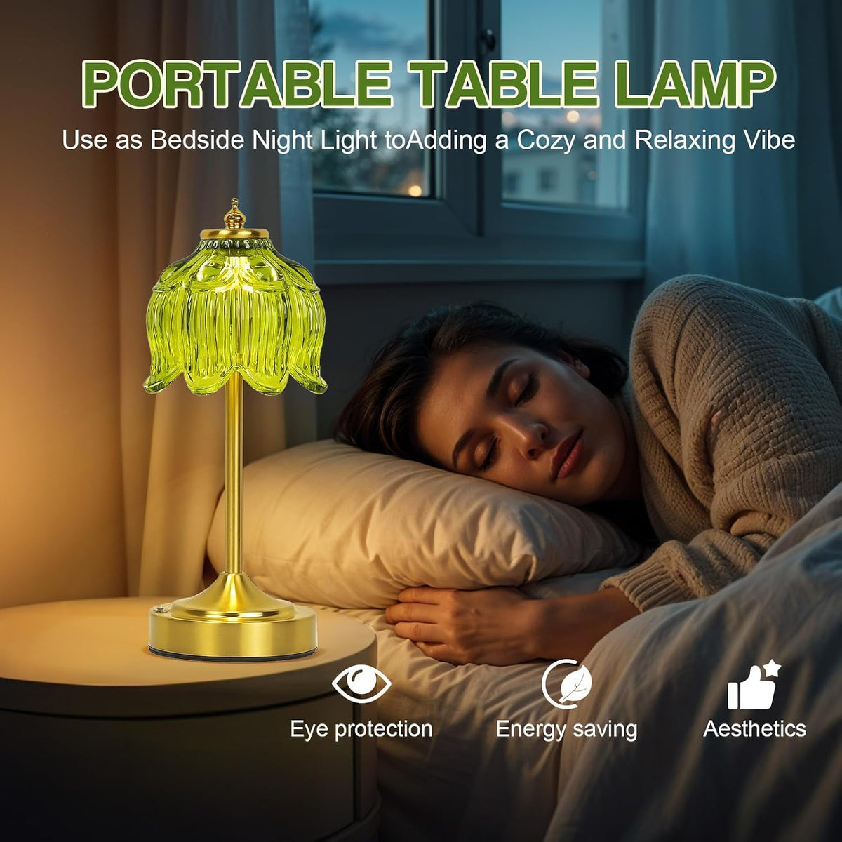 Cordless Table Lamp, Rechargeable Green Glass Lotus Flower Lamp