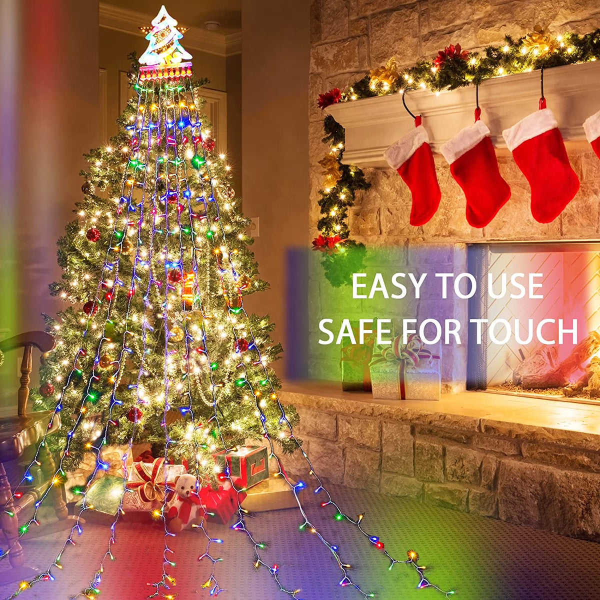 12Ft 350 LED Waterfall Christmas Lights Outdoor Decoration Twinkle Solar Christmas Tree String Lights with Top Star Xmas Holiday Garden Yard Decoration, Multicolor
