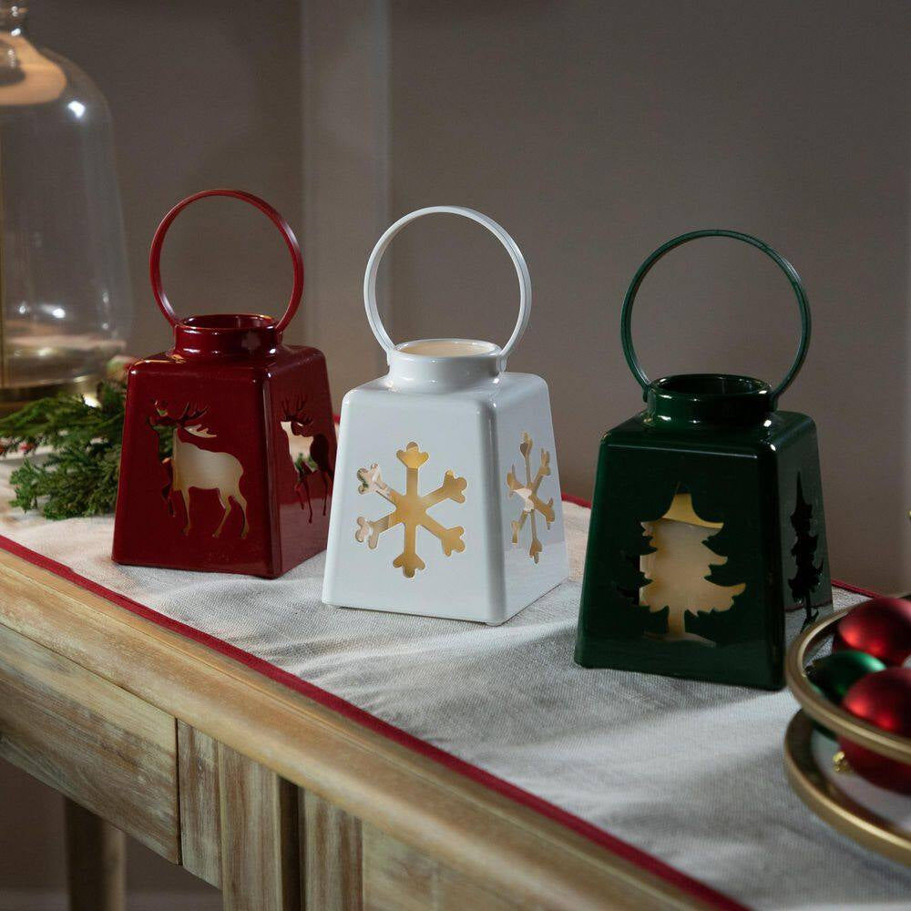 LED Lighted Tree Snowflake and Reindeer Christmas Candle Lanterns-8"-Set of 3