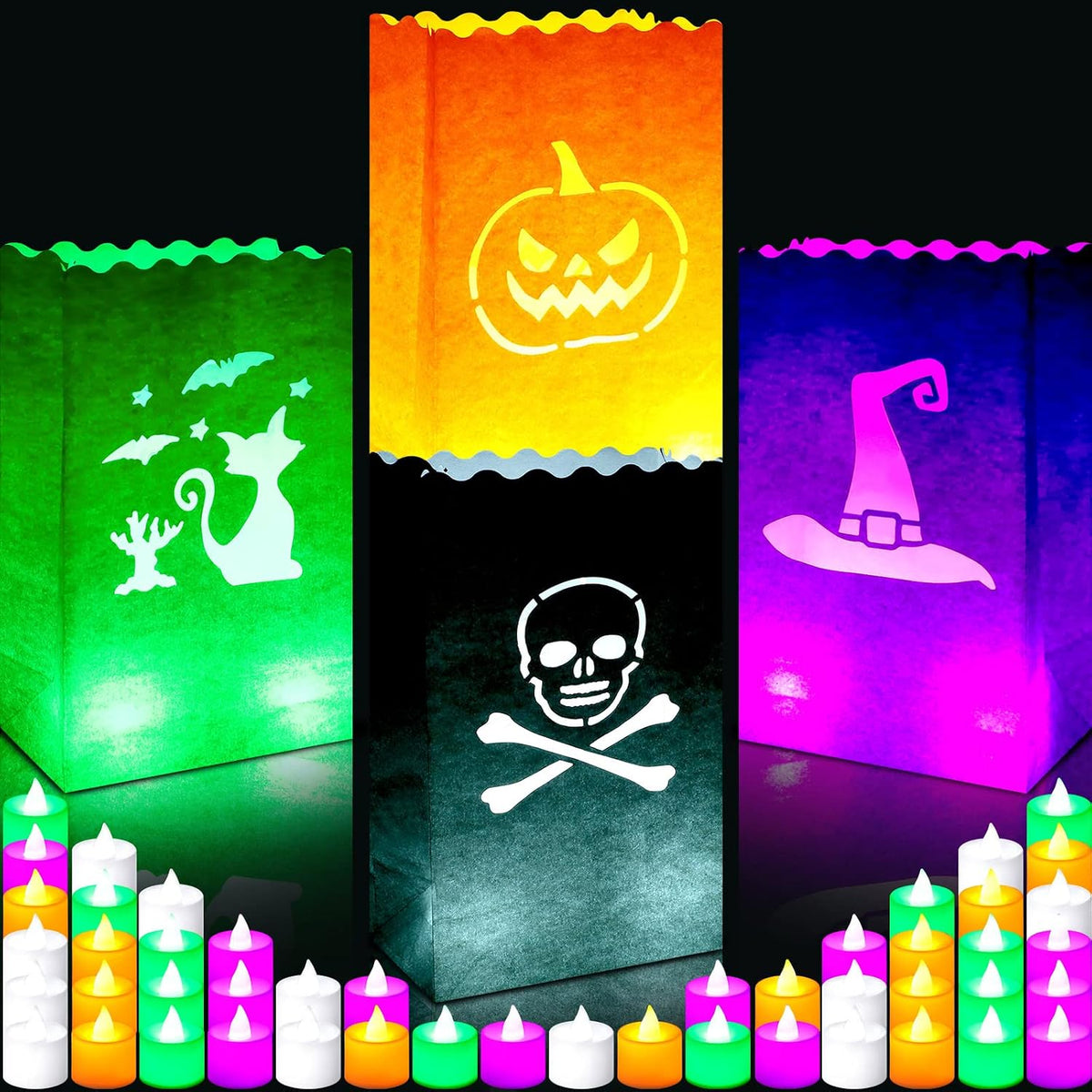 48 Pcs Halloween Luminary Bags with LED Light Candles Set, Novel