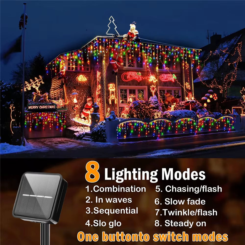 LED Solar Lcicle String Lights Outdoor Curtain Fairy Lights 8 Modes Christmas Landscape Lights Party Garden Decoration Light