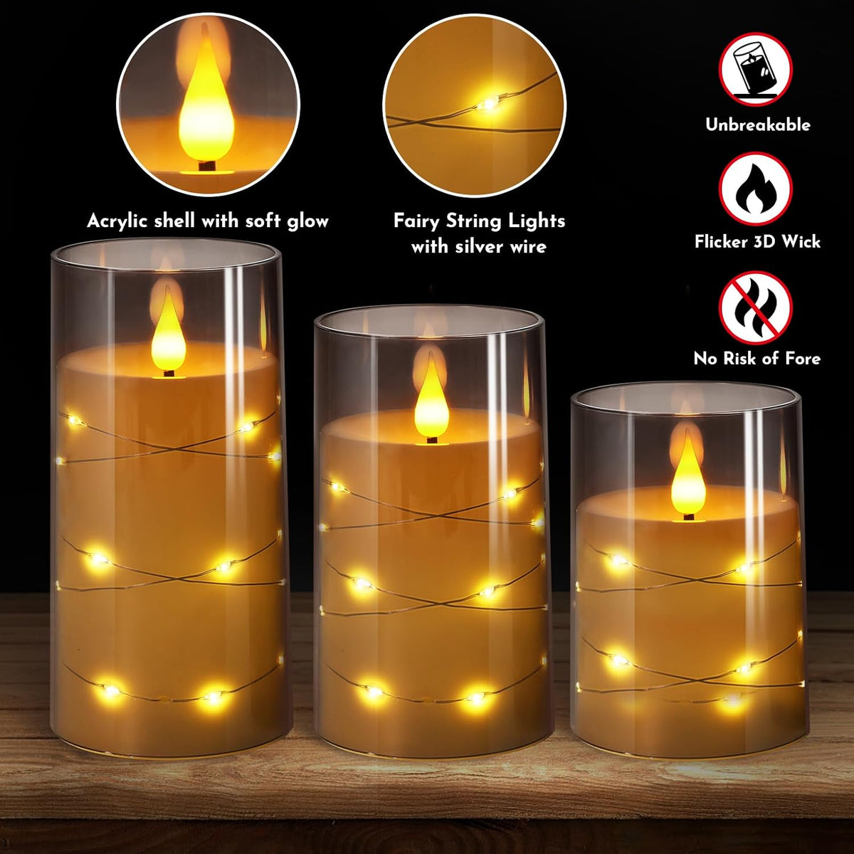 Flickering Flameless Candles: Built-In Star String Lights 3D Wick Acrylic Battery Operated LED Pillar Candles with Remote and Timer for Fall Halloween Christmas Home Decoration - 3 Pack Gray