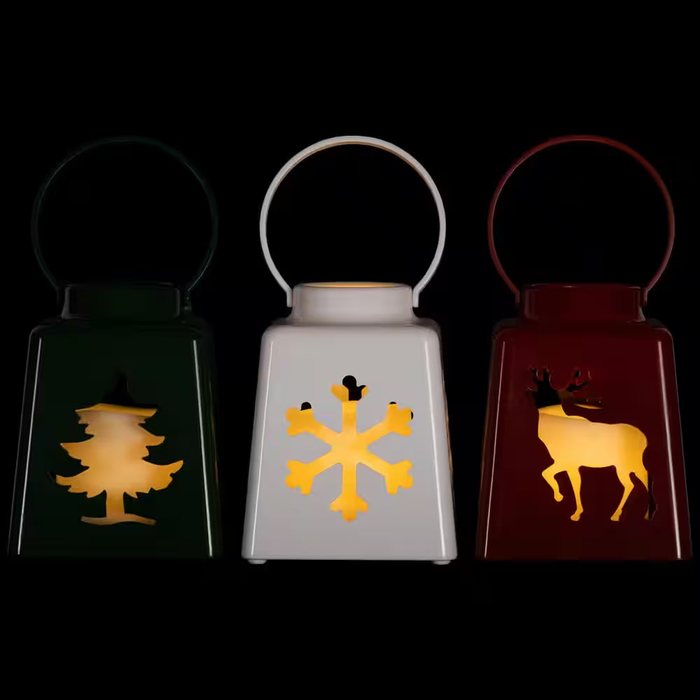 LED Lighted Tree Snowflake and Reindeer Christmas Candle Lanterns-8"-Set of 3