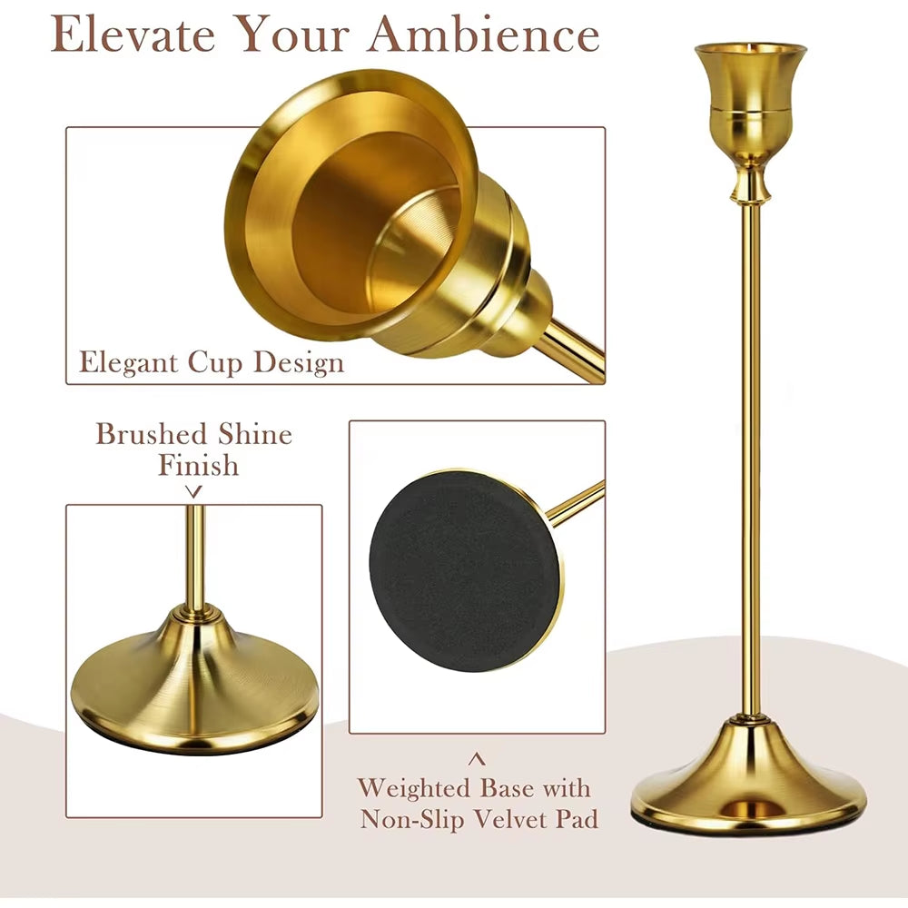 Set of 6 Gold Weighted Metal Taper Candlestick Holders Vintage Christmas Brass Home Decor for Table Mantel Room Decorations Hous