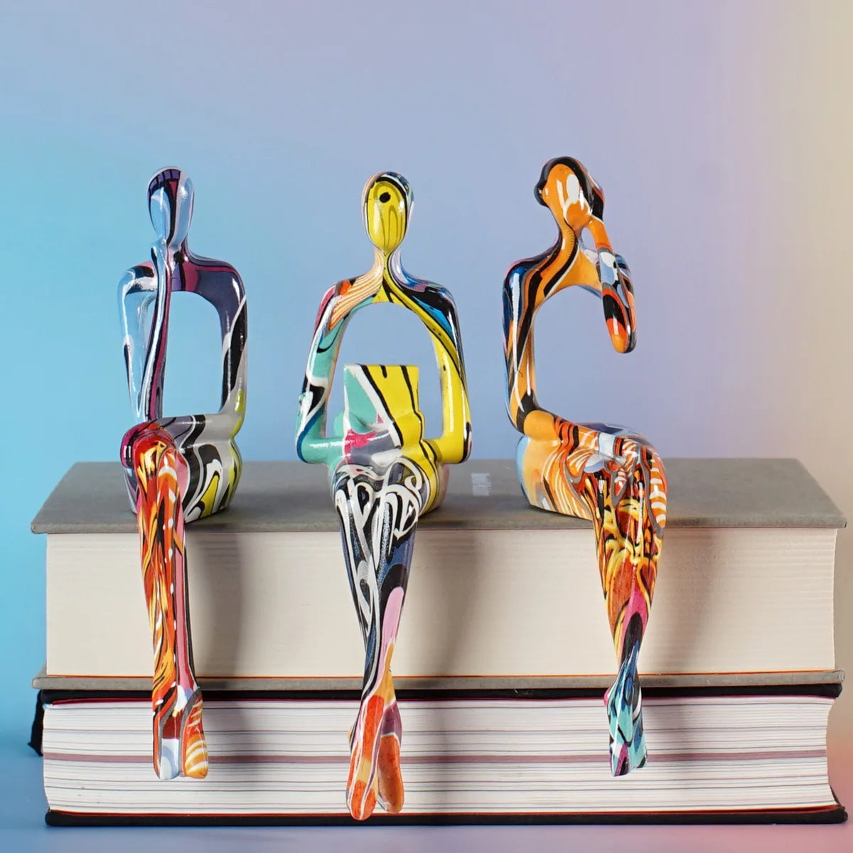 Abstract Thinker Figurine Set of 3, Colorful Modern Resin Sculpture for Bookshelf Decor & Office Desk, Unique Home Art Statue