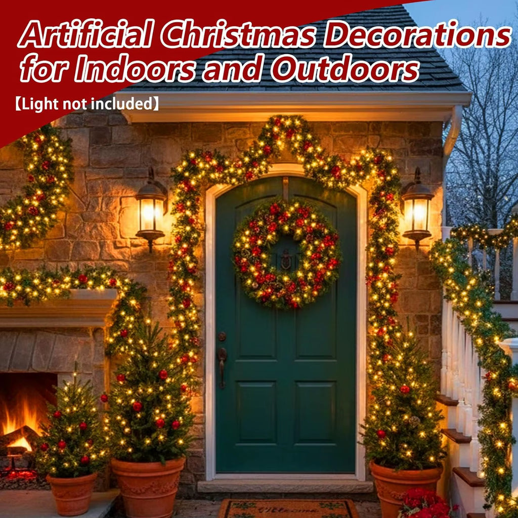 Christmas LED Rattan Wreath Decorative, Christmas Garland Artificial Xmas Tree Rattan Banner Decoration Wreath for Navidad Decor