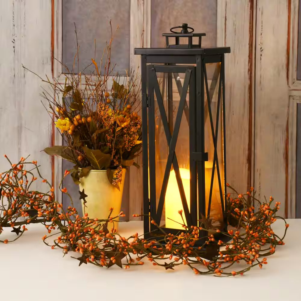 Metal Lantern - Warm Black Criss Cross with Battery Operated LED Candle