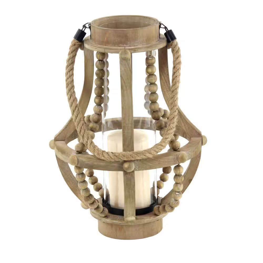 16 In. H Beige Reclaimed Wood Beaded Decorative Candle Lantern