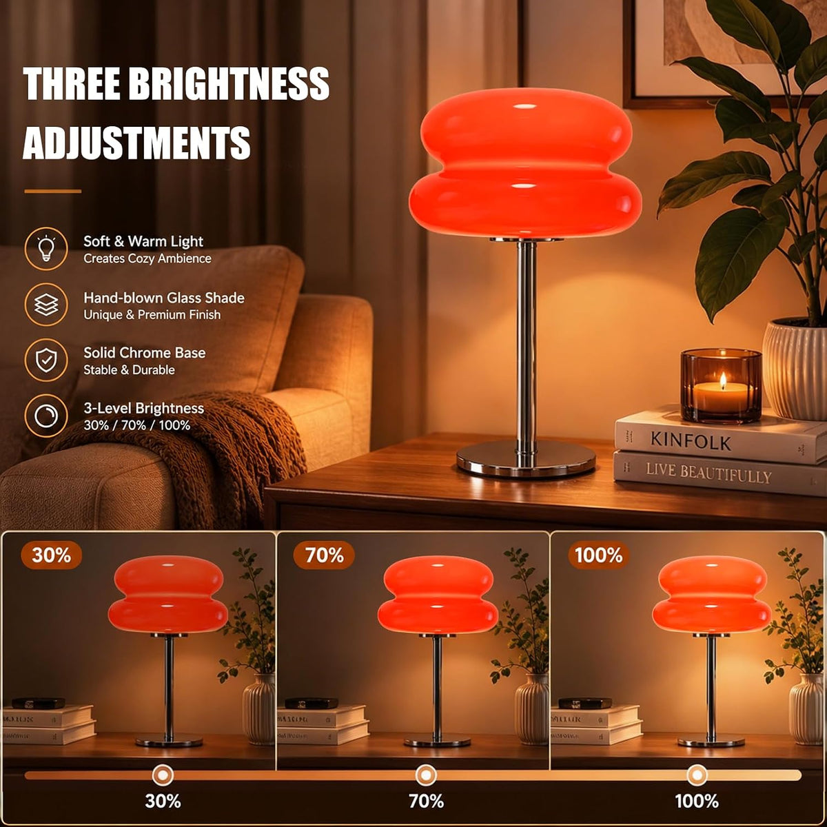 Bedroom Mushroom Lamp, Medieval Modern Bedside Table Lamp, Dimmable Retro Egg Tart Headlight, Unique Home Mushroom Decoration Aesthetic Lovely Living Room Desk Lamp (Red)