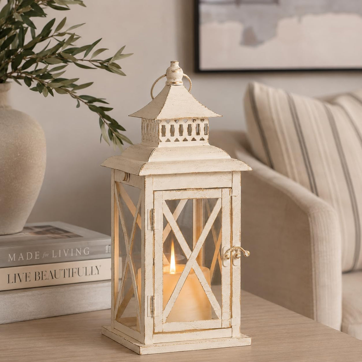 Lantern Decorative Indoor & Outdoor,Large Square Hanging Spring Home Decor, Vintage Metal Decorative Candle Lanterns for Outdoor Patio Wedding Party Beige with Copper Brush