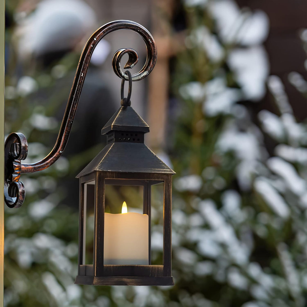 Vintage Golden Brushed Black Lantern Decorative LED Flickering Flameless Candle with Timer, Battery Powered LED Decorative Hanging Lanterns for Indoor Outdoor Garden Yard Home Decor(2 Pack)